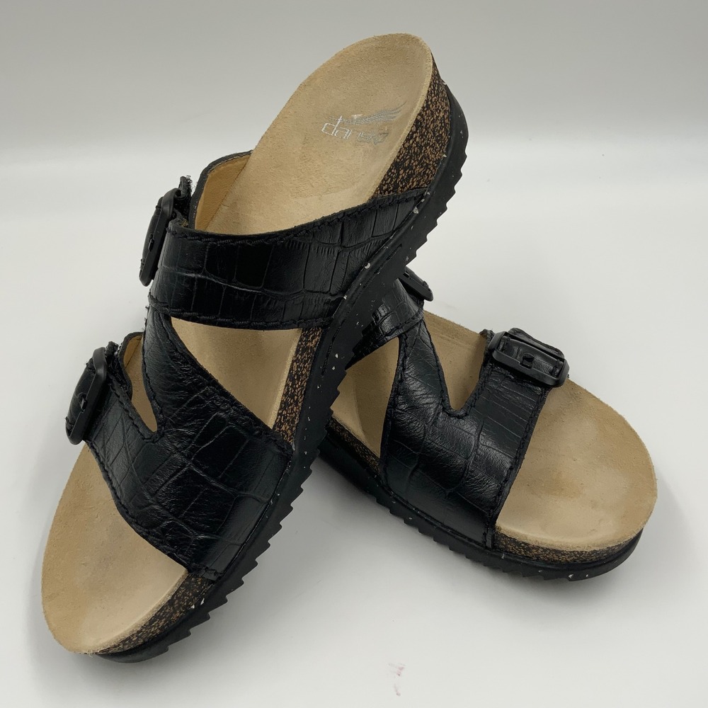 Dansko Womens Reece Black Croc Embossed Leather Z-Strap Slide Sandals Size 37